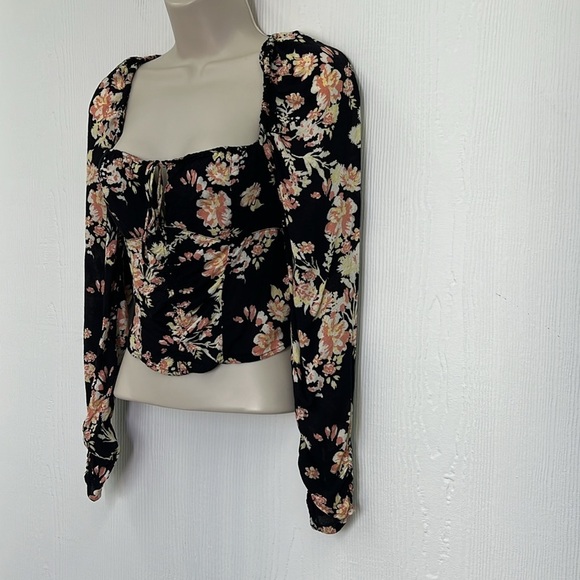 Free People - Hilary Floral Print Keyhole Long Sleeve Tie Back Blouse Top XSmall - Picture 7 of 12